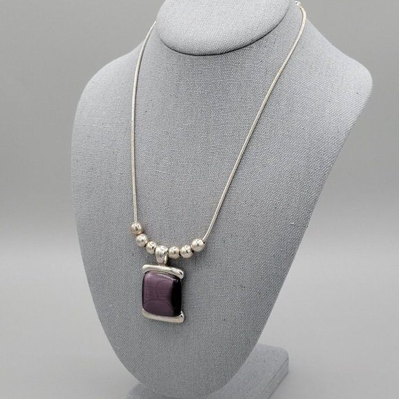 Cats Eye Purple Stone Womens Fashion Necklace Silver Tone Snake Chain 18 in - Picture 3 of 11